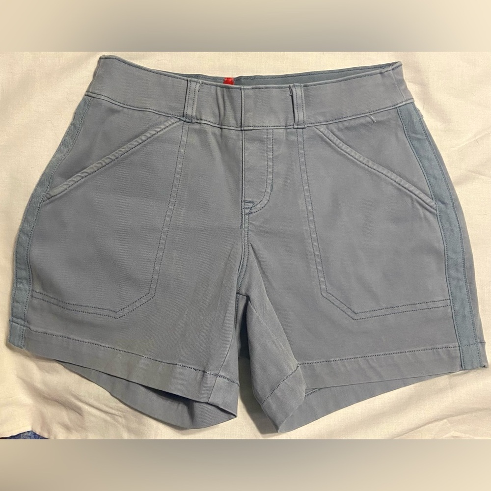 Spanx Stretch Twill Shorts Women’s XS Blue Gray High Rise Shaping Pull On Pocket